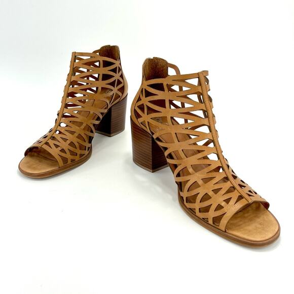 Vince Camuto Open Toe Bootie Sz 10 Tan/Brown Cut-Out Leather Stacked Block Heel - Picture 13 of 16